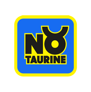 Blaues Quadrat mit gelbem Rand und schwarzem Text "NO TAURINE", das Wort "NO" enthält ein bullähnliches Symbol.