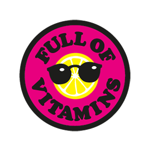 Bunte Grafik mit einer Zitrone, die eine Sonnenbrille trägt, und dem Text "Full of Vitamins".