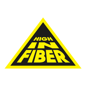 Schwarzes Dreieck mit gelbem Hintergrund, darauf der Text "High in Fiber" in gelben Buchstaben.