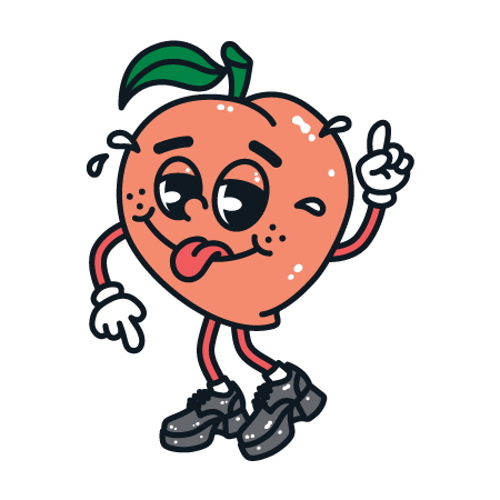 Tanzende, gezeichnete Pfirsichfigur mit Armen, Beinen, Schuhen und ausdrucksvollem Gesicht, die fröhlich wirkt.