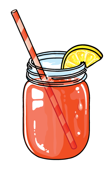 Rotes Getränk in einem Glas mit Eiswürfeln, Zitronenscheibe und gestreiftem Strohhalm.