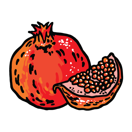 Gezeichnete Granatapfelhälfte und ganze Frucht mit sichtbaren Kernen, in roten und orangenen Farbtönen.