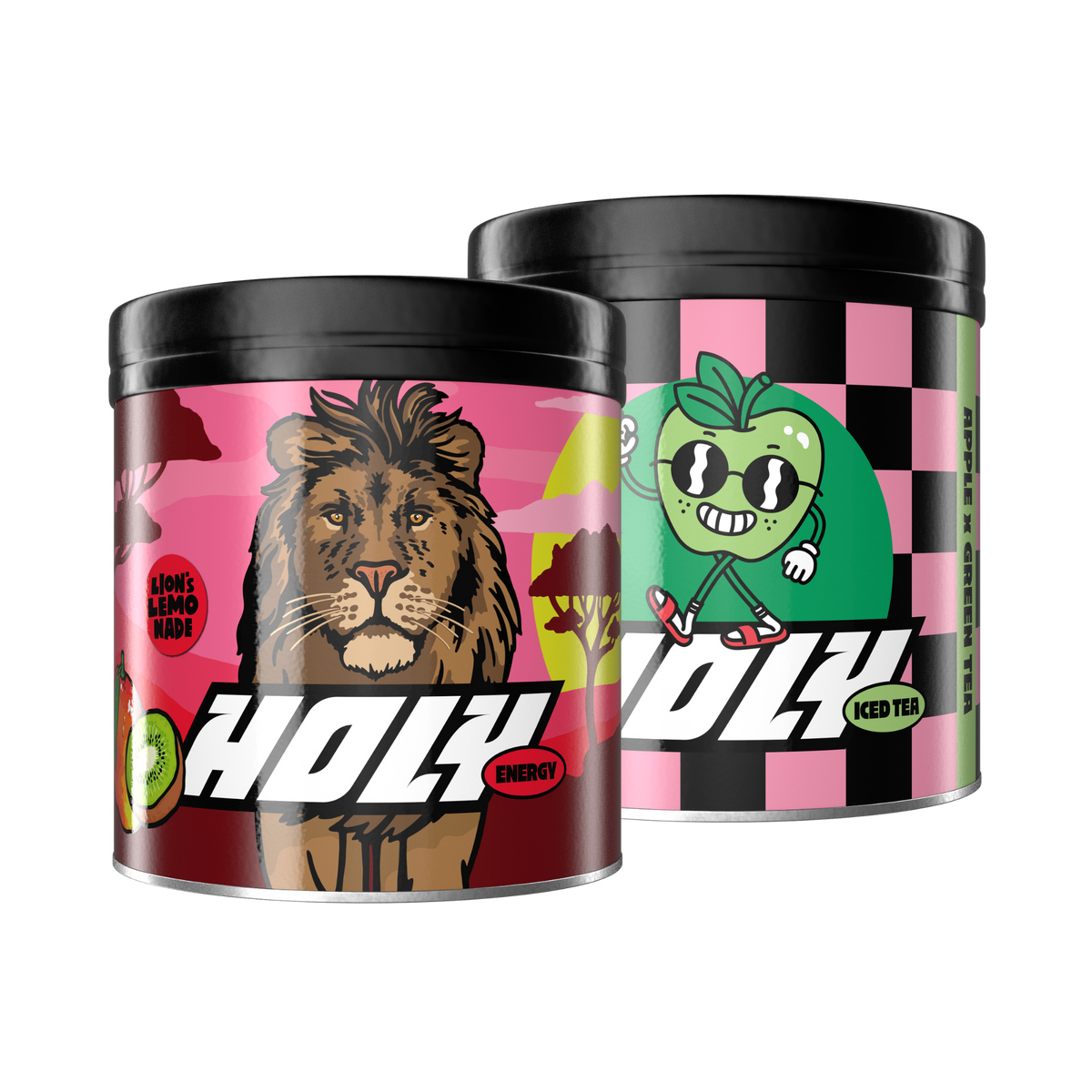 Zwei bunte Pappdosen mit stylischen Designs, eine mit einem Löwenmotiv und die andere mit einem Apfelmotiv.