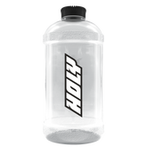 Transparenter Shaker mit schwarzem Deckel und großem Schriftzug auf der Vorderseite.