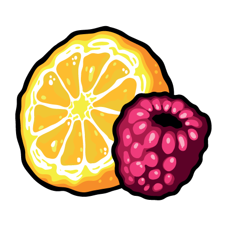 Illustration einer Zitronenscheibe neben einer Himbeere auf schwarzem Hintergrund.