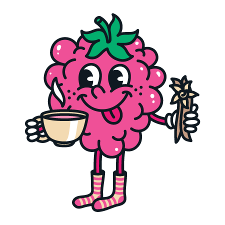 Fröhliche Himbeerfigur mit Pappdose und Blumenstrauß, trägt gestreifte Socken.