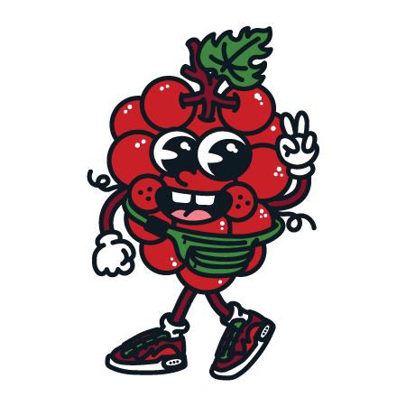 Fröhliche Comic-Himbeere mit großen Augen, grüner Schleife und Sneakers, die ein Peace-Zeichen zeigt.