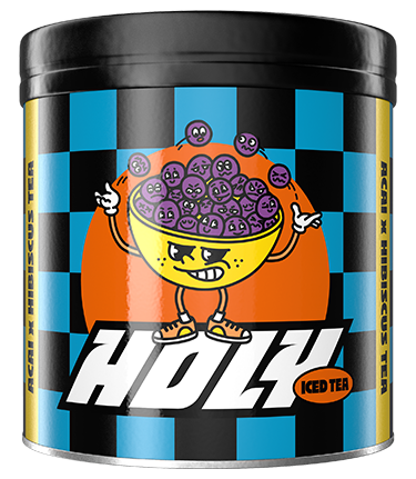 Illustration auf einer Pappdose mit einem stilisierten Becher voller Früchte, umgeben von schwarz-blauem Rastermuster.