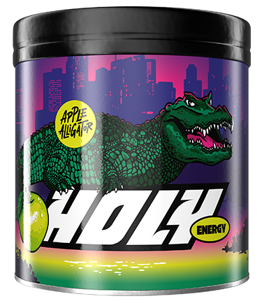 Pappdose mit einem grünen Alligator, Stadt-Silhouette im Hintergrund, und dem Text "Apple Alligator" und "Holy Energy".