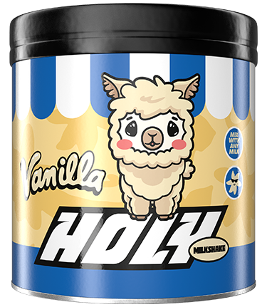 Pappdose mit Vanille-Milchshake-Design und niedlichem Lama-Illustration auf einem gelb-blauen Etikett.