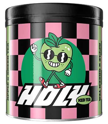 Pappdose mit lachendem Apfel und Schriftzug "Holy Iced Tea", umgeben von schwarzem und pink kariertem Muster.