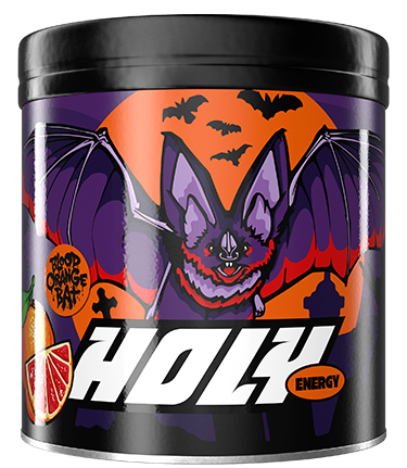Schwarze Pappdose mit Fledermaus-Design, Orangenscheiben und der Aufschrift "Holy Energy".