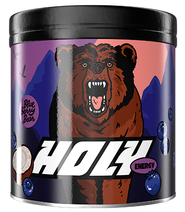 Pappdose mit Abbildung eines brüllenden Bären, umgeben von Blaubeeren, mit der Aufschrift "Holy Energy".