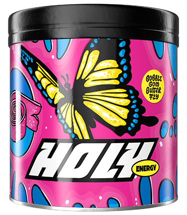 Pappdose mit buntem Schmetterlingsdesign und der Aufschrift "Holy Energy" auf pinkem Hintergrund.