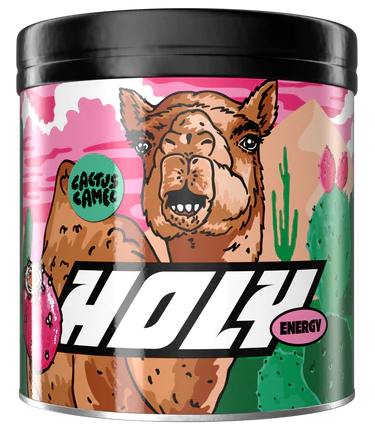 Pappdose mit einem Comic-Kamel-Motiv und der Aufschrift "Holy Energy" und "Cactus Game" auf rosa Hintergrund.