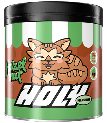Grüne Pappdose mit Comic-Katzenmotiv und der Aufschrift "Holy Milkshake" und "Hazelnut".