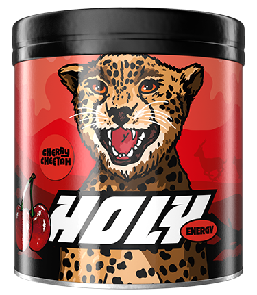 Rote Pappdose mit Leopardendesign und der Aufschrift "Cherry Cheetah HOLY Energy".