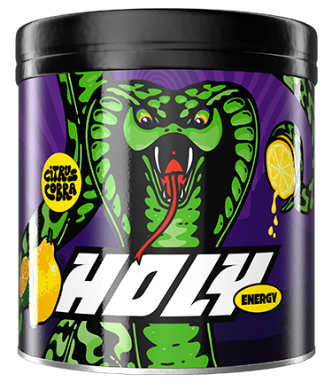Pappdose mit grünem Schlangenmotiv, Zitronen und der Aufschrift „Holy Energy Citrus Cobra“.