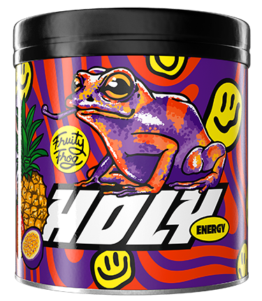 Bunte Pappdose mit Froschmotiv und Fruchtdesign auf lila Hintergrund.