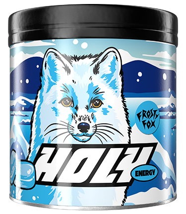 Pappdose mit einem blauen Fuchsdesign, der Text "Frost Fox" und "Holy Energy" steht darauf.