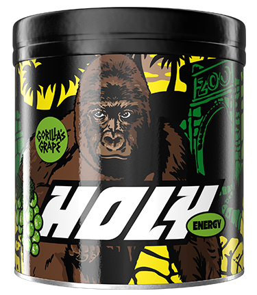 Schwarze Pappdose mit Gorilla-Grafik und der Aufschrift "HOLY Energy, Gorilla's Grape" auf einem farbigen Hintergrund.