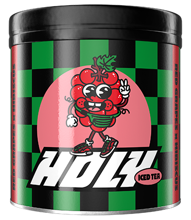 Schwarze Pappdose mit buntem Cartoon-Design und dem Schriftzug "HDLY Iced Tea".