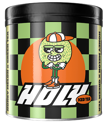 Pappdose mit einem Cartoon-Melonen-Design und der Aufschrift "Honey Melon x Green Tea".