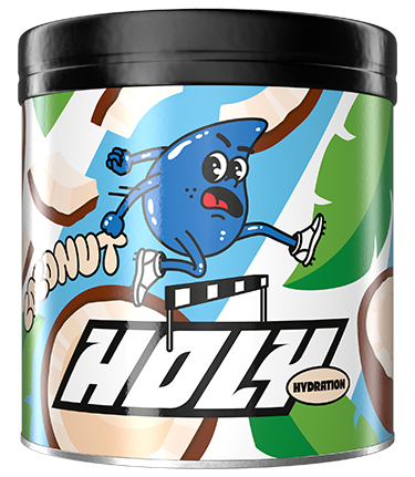 Pappdose mit buntem Design, zeigt einen rennenden blauen Wassertropfen mit Kokosnussmotiven.