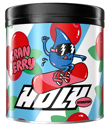 Pappdose mit einem cartoonartigen, skateboardfahrenden Wassertropfen, umgeben von Cranberry-Motiven.