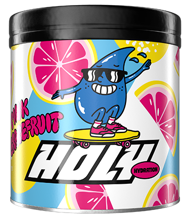 Bunte Pappdose mit einem Comic-Wassertropfen auf Skateboard und Grapefruit-Illustrationen.