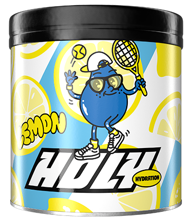 Pappdose mit sportlichem Zitronen-Cartoon, der einen Tennisschläger hält, umgeben von Zitronenscheiben.