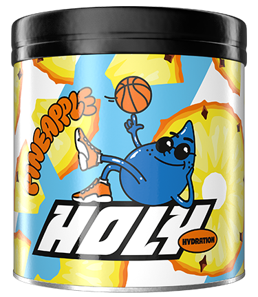 Bunte Pappdose mit Ananas-Design, Comicfigur und Schriftzug "Pineapple Holy Hydration".