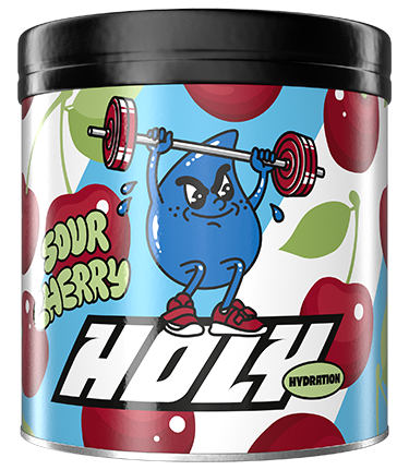 Motiv einer Pappdose mit einem Comic-Charakter, Hanteln und Kirschen, umgeben von Text "Sour Cherry" und "Holy".