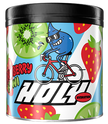 Pappdose mit buntem Design, Kiwi- und Erdbeer-Motiven und einem Comic-Charakter auf einem Fahrrad.