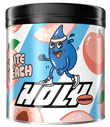 Bunte Pappdose mit weißem Pfirsichmotiv, einem cartoonhaften Wassertropfen und dem Schriftzug "Holy Hydration".