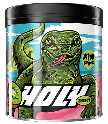 Schwarze Pappdose mit illustrativem Komodo-Waran und Kiwi-Dekor, auf der "Holy Energy" steht.