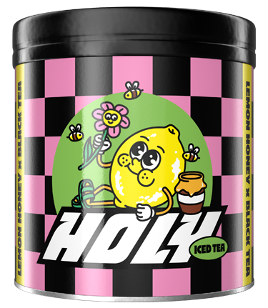 Pappdose mit einer Illustration einer Zitrone, die eine Blume und Honigtopf hält, umgeben von Bienen auf pink-schwarzem Hintergrund.