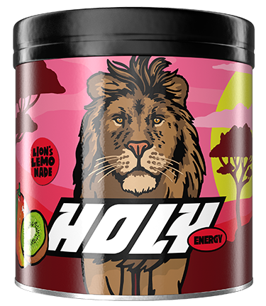 Rosa Pappdose mit Löwenmotiv und der Aufschrift "HOLY ENERGY", Kiwi und Zitrone abgebildet.