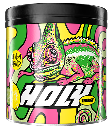 Bunte Pappdose mit einem Chamäleon-Design und der Aufschrift "HOLY Lemon Lizard Energy".