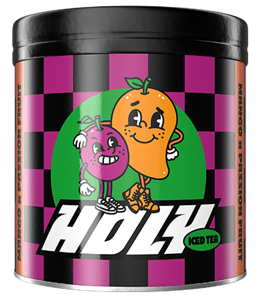 Pappdose mit Mango-Passionsfrucht-Design und Schriftzug „HOLY Iced Tea“ auf kariertem Hintergrund.