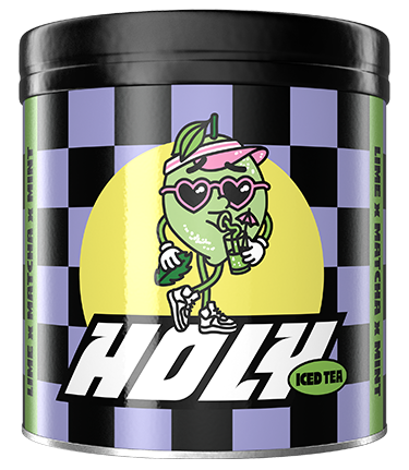 Schwarz-lila karierte Pappdose mit einer coolen Cartoon-Limette und der Aufschrift "HOLY Iced Tea" in Weiß.