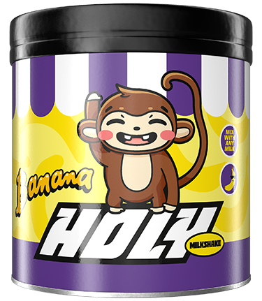 Lila und gelbe Pappdose mit einem lächelnden Affen auf dem Etikett, beschriftet mit "Banana Holy Milkshake".