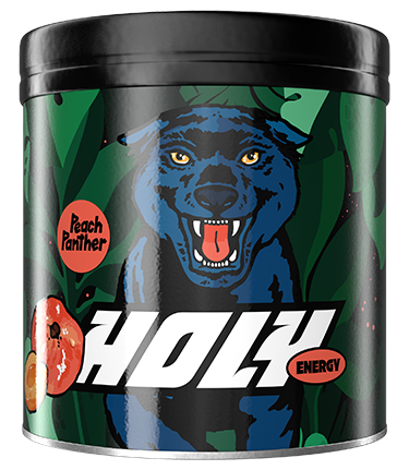 Schwarze Pappdose mit einem blauen Panther und der Aufschrift "Holy Energy" und "Peach Panther" auf grünem Hintergrund.