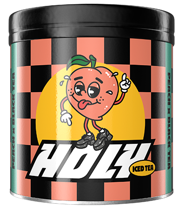 Pappdose mit Pfirsich-Cartoon auf schwarz-rosa kariertem Hintergrund und Text "HDLY Iced Tea".