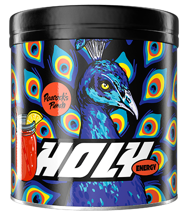 Eine bunte Pappdose mit Pfauenmotiv und dem Aufdruck „HOLY Energy“, verziert mit Getränkedesign.