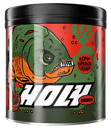 Grüne und rote Pappdose mit der Aufschrift "HOLY" und einem stilisierten Piranha-Design.
