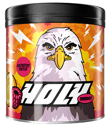 Pappdose mit einem Adlerkopf-Design, umgeben von Blitzen und Himbeeren, mit der Beschriftung "Raspberry Raptor".