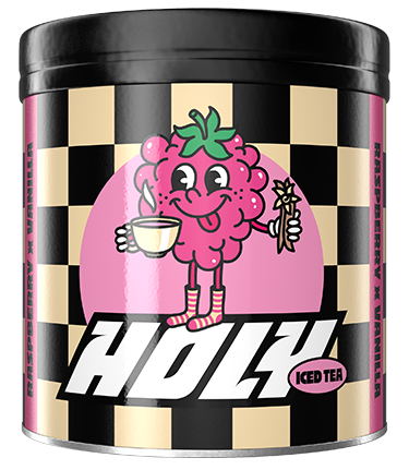 Pappdose mit Himbeer-Vanille-Motiv, illustriert mit fröhlicher Himbeere, die eine Tasse und Blume hält.