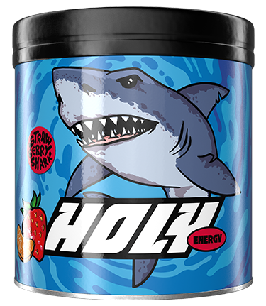 Blaue Pappdose mit Hai-Illustration und Erdbeeren, Markenname "Holy Energy".