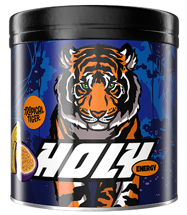 Pappdose mit einem tigerartigen Design und der Aufschrift "Holy Energy Tropical Tiger".